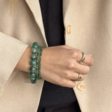 Petite Green Moss Agate bracelet layered with Essential and Chunky green moss agate on the wrist