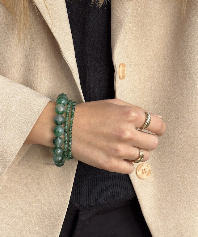 Petite Green Moss Agate bracelet layered with Essential and Chunky green moss agate on the wrist