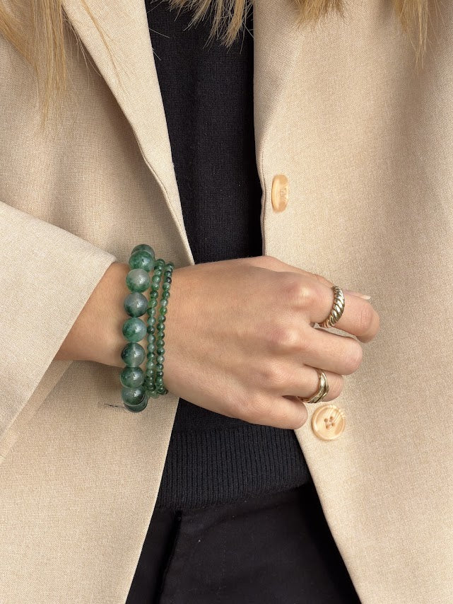 Petite Green Moss Agate bracelet layered with Essential and Chunky green moss agate on the wrist
