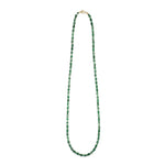 Lea Green Moss Agate necklace, a long single strand of mottled green natural stone beads with a gold-plated clasp