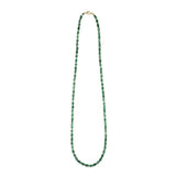 Lea Green Moss Agate necklace, a long single strand of mottled green natural stone beads with a gold-plated clasp