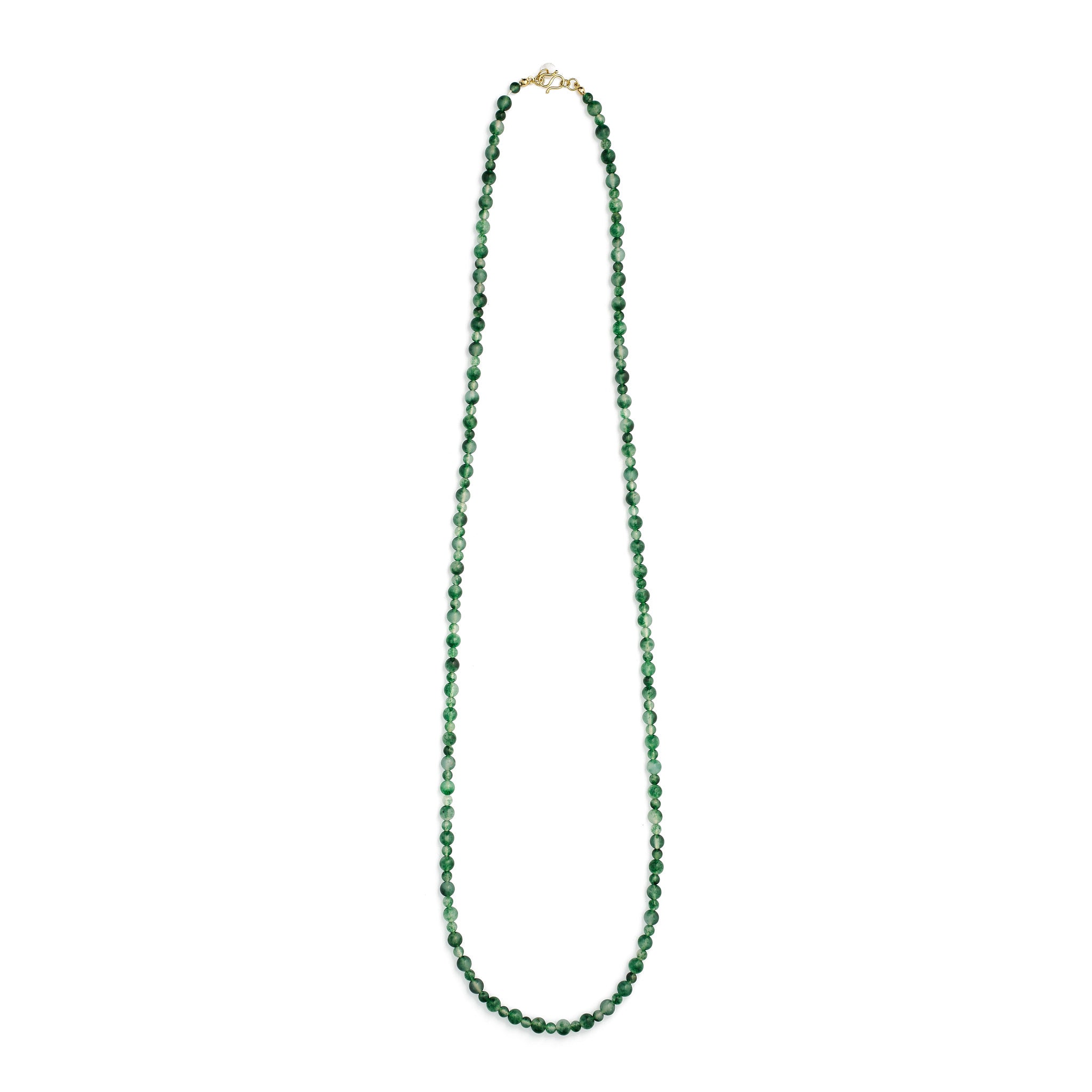 Lea Green Moss Agate necklace, a long single strand of mottled green natural stone beads with a gold-plated clasp