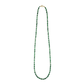 Lea Green Moss Agate necklace, a long single strand of mottled green natural stone beads with a gold-plated clasp