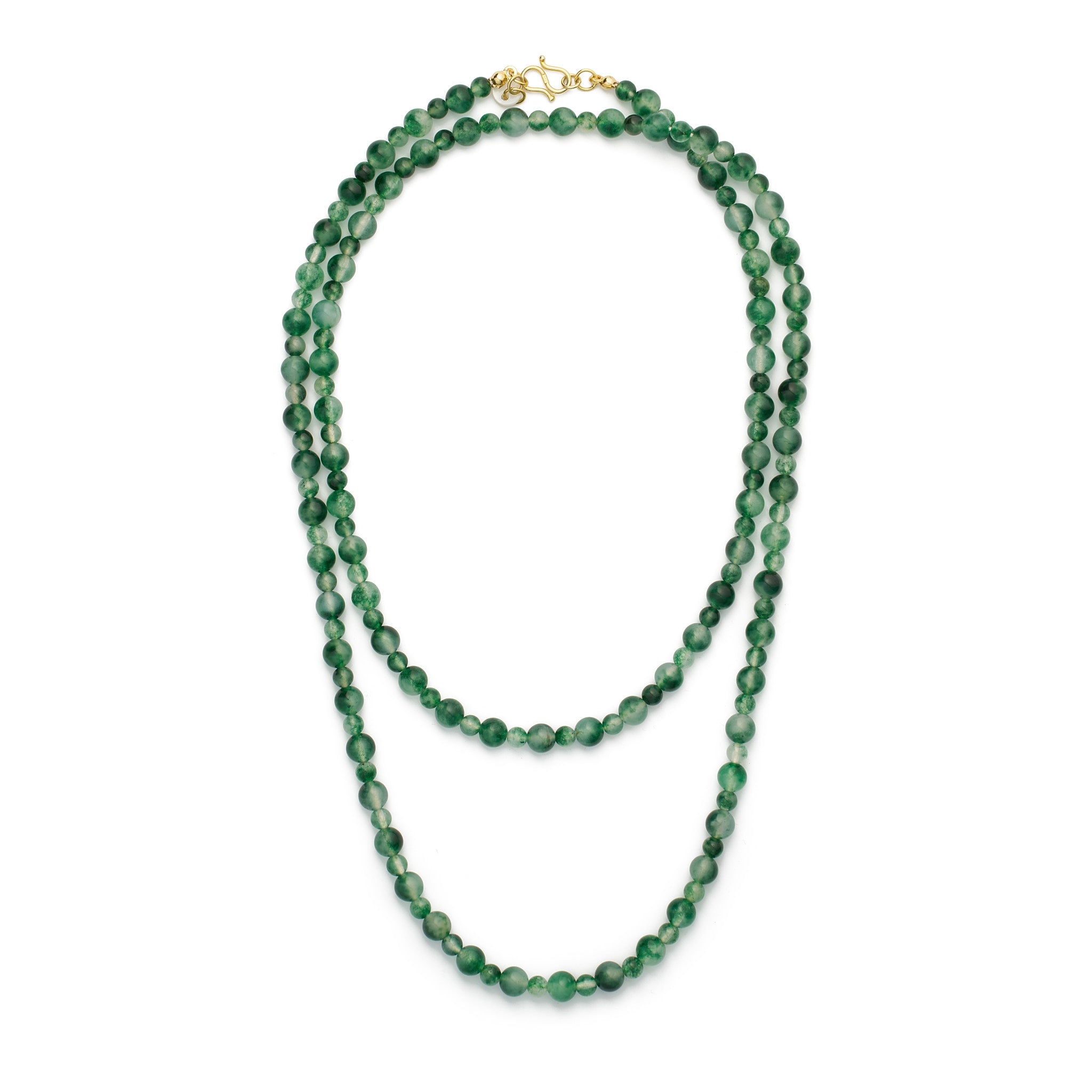Lea Green Moss Agate necklace laid out double, showing its long strand of green natural stone beads